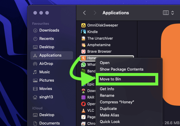 3-Click-on-move-to-bin-to-delete-honey-app-from-Mac
