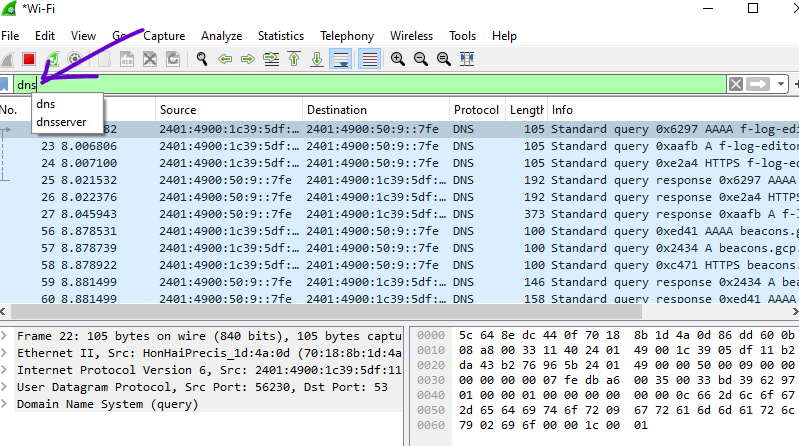 filter dns packets in wireshark