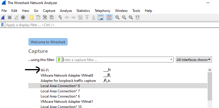 open wireshark and click on Wi-fi