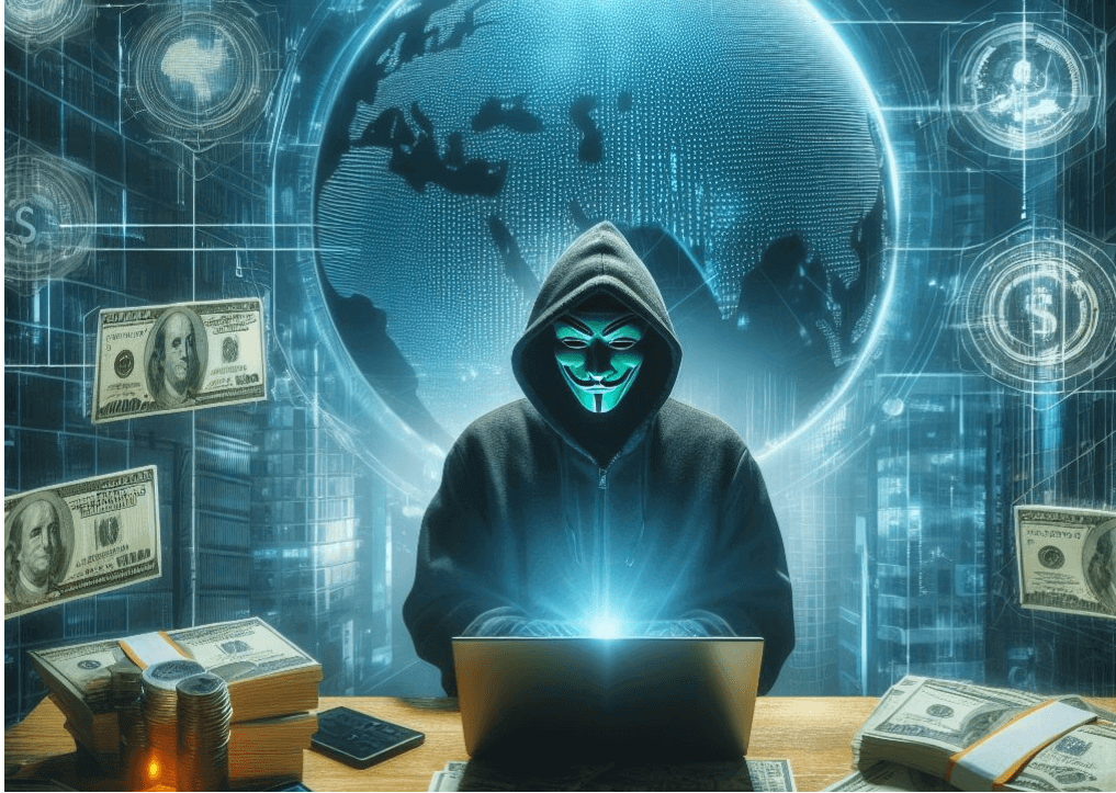 Illustration of a hacker sitting at a table with a computer, surrounded by currency notes and a globe in the background, wearing a mask.