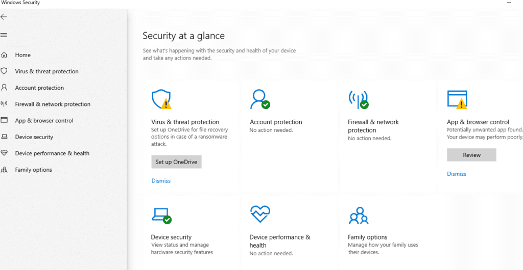 Windows security dashboard showing all settings and virus protections
