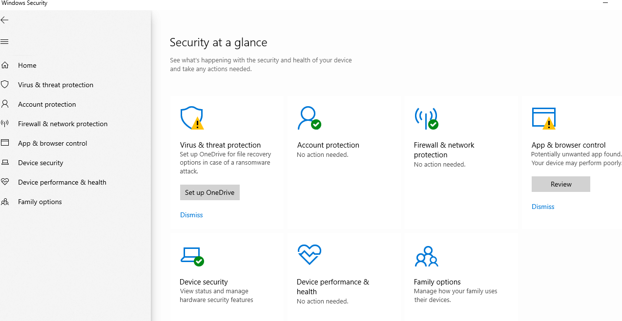 Windows security dashboard showing all settings and virus protections