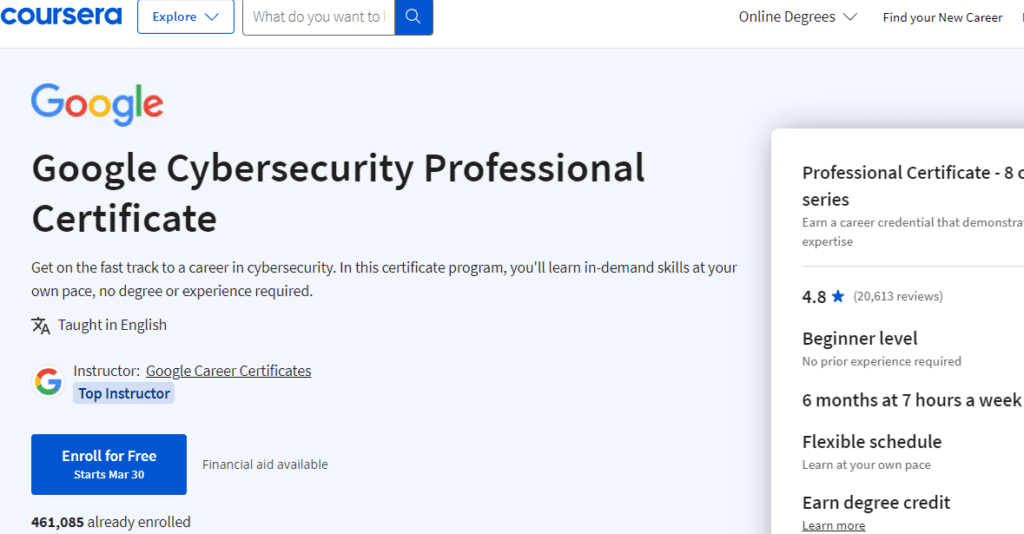 image showing coursera google cybersecurity certificate overview details outcomes pricing and goals