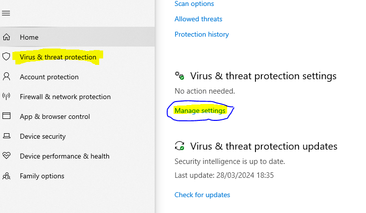 manage virus and threat protection settings and turn on virus protection