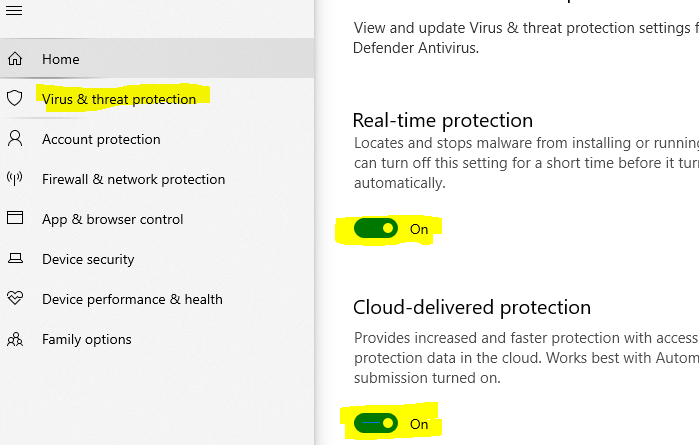 screenshot showing how to enable real time protection and cloud protection and other protection features in windows defender