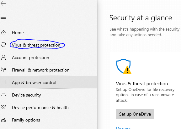 open virus and threat protection settings in windows defender